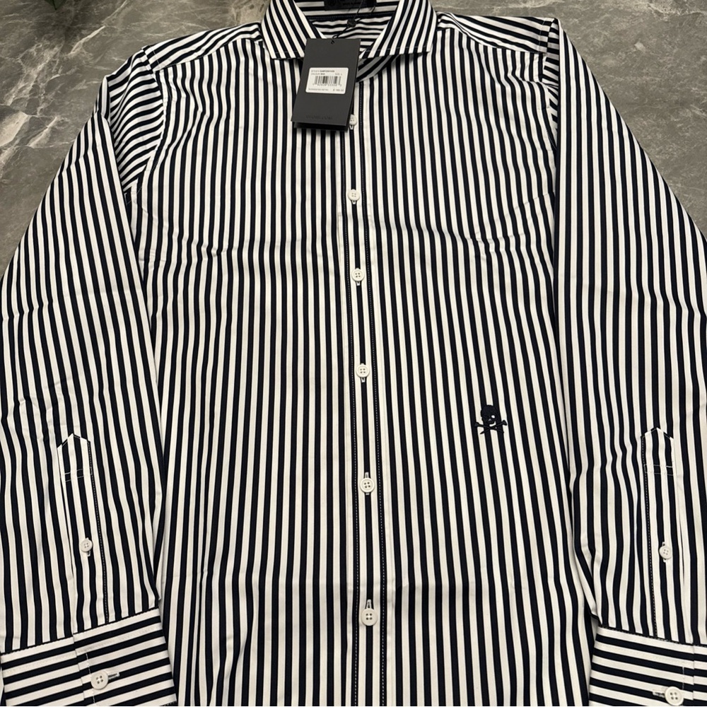 G/Fore Dress Shirt Mens L Black White Striped Performance Button Up Black Skull